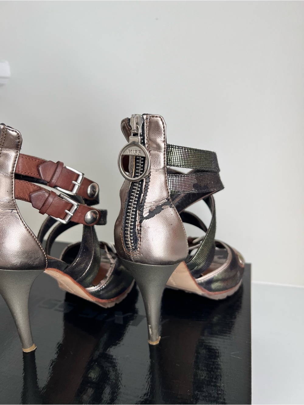 Miss Sixty Iridescent Black Strappy High Heel Sandals with Brown Accents - Picture 11 of 16